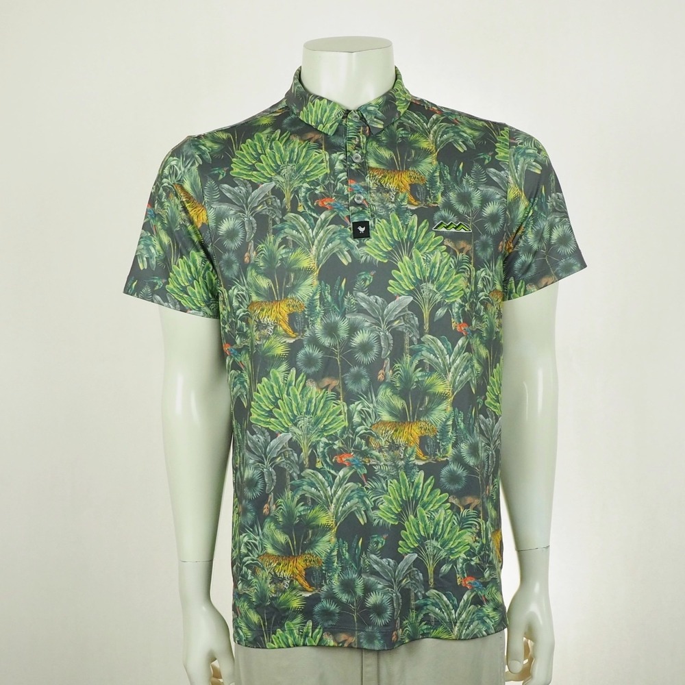 Bad Birdie Jungle Tiger Golf Polo Shirt Mens Small Gray Floral Performance Blend